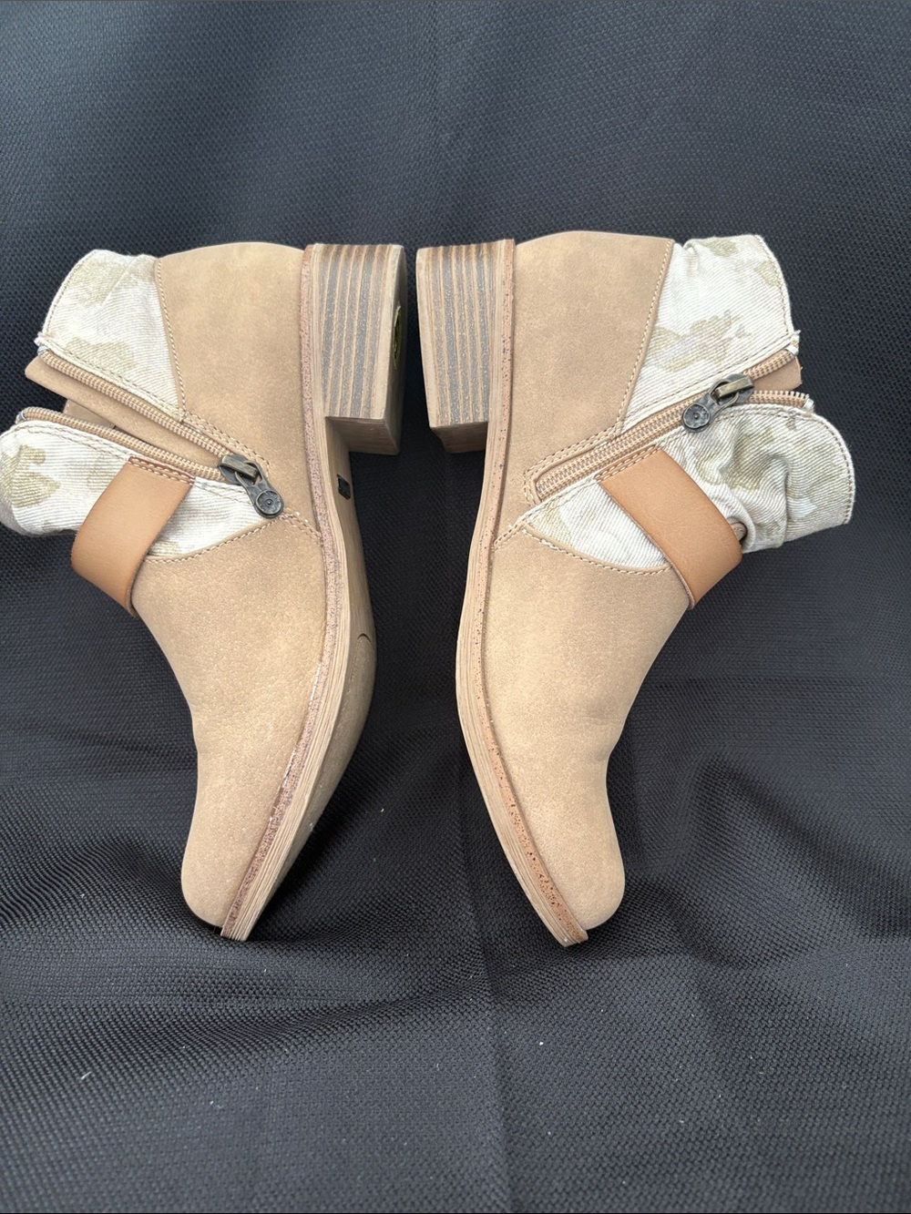 Blowfish Tan Suede Ankle Boots with Camouflage Cuff and Buckle - Picture 3 of 10